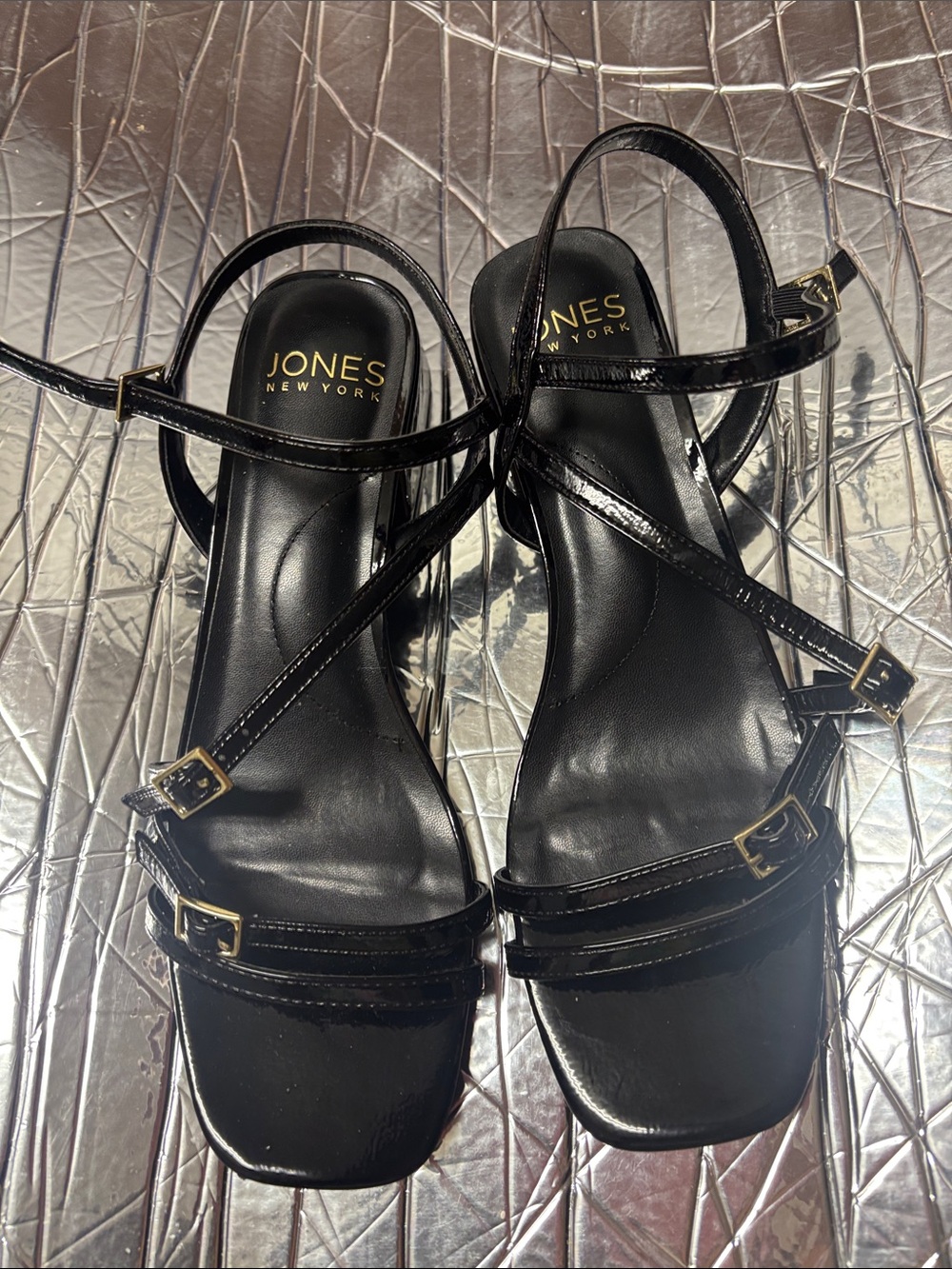 Jones New York Black Patent Strappy Square-Toe Sandals